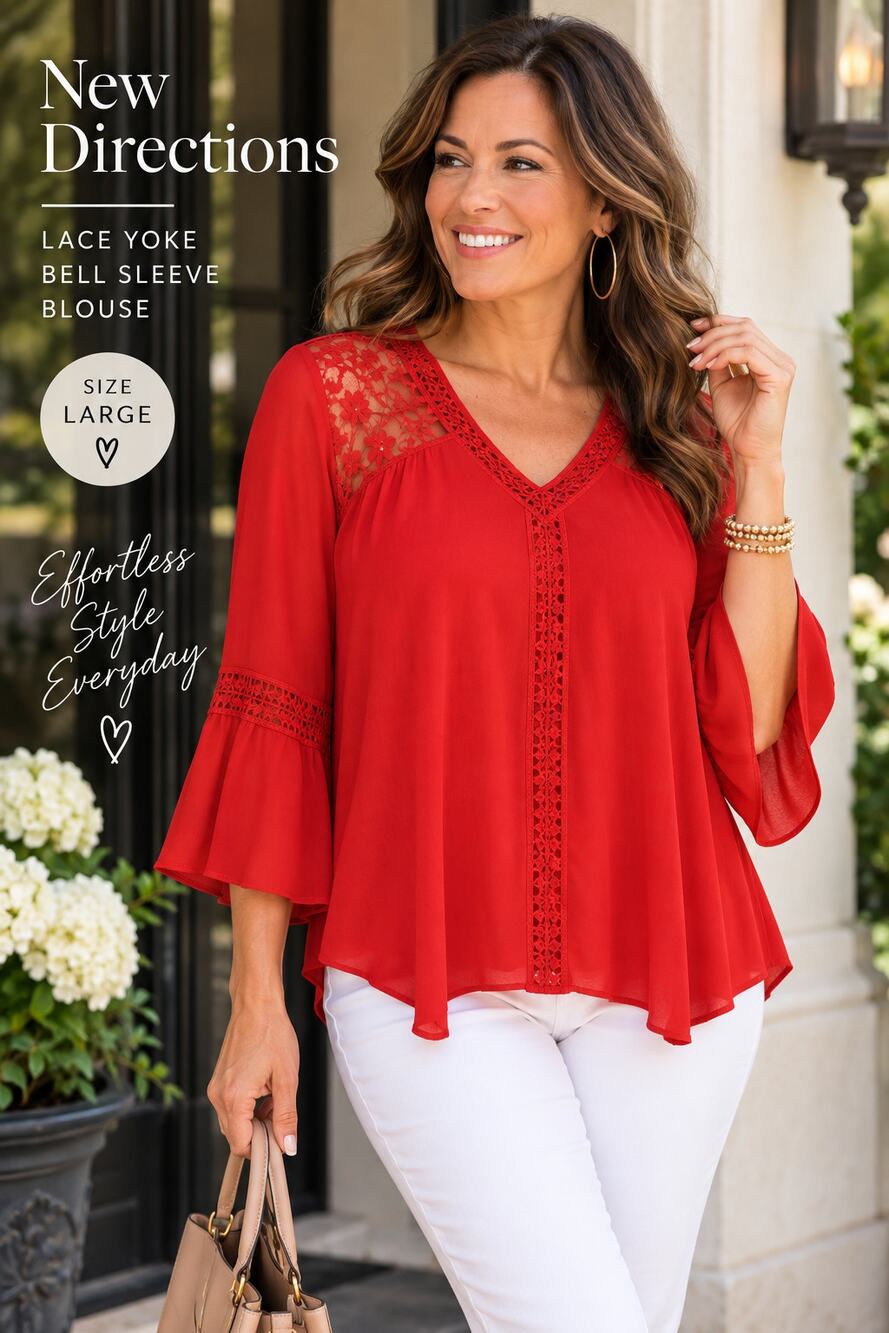 New Directions Womens Large Red Lace Yoke Bell Sleeve Blouse Boho